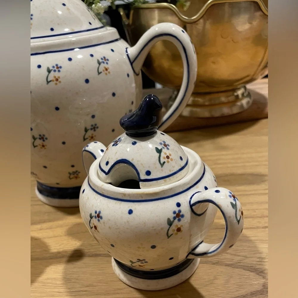 Blue Rose Polish Pottery Country Meadow 3 PC Coffee Pot Set with Bird Topper